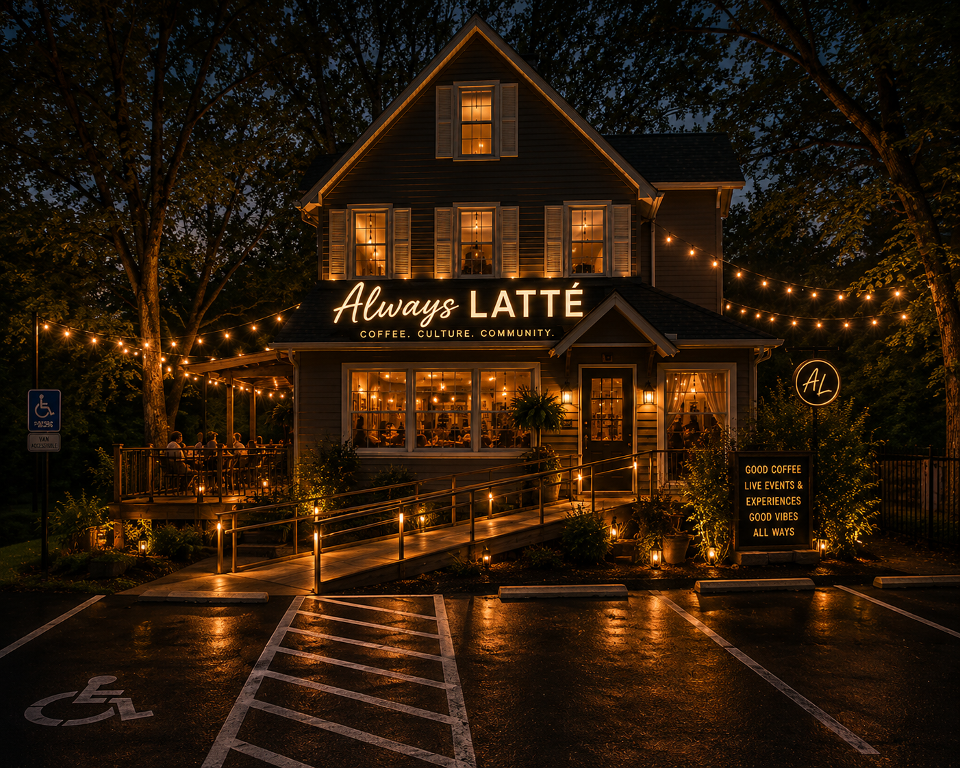 Always Latté storefront with ADA ramp and parking